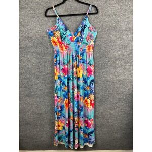 Aloha Fashion Tropical Floral Pineapple Maxi Dress Women's M Blue Smocked